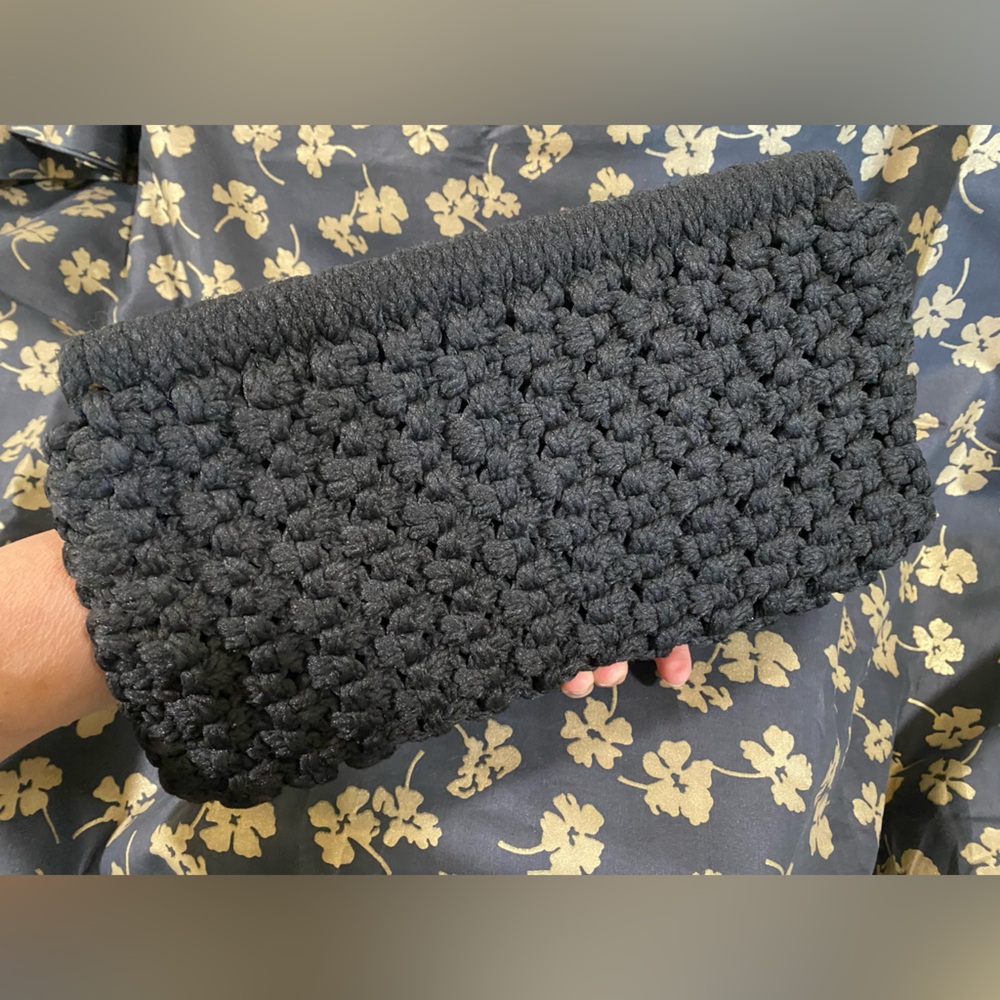 Vintage Black Crochet Clutch Purse Handbag Bobble Popcorn Stitch
